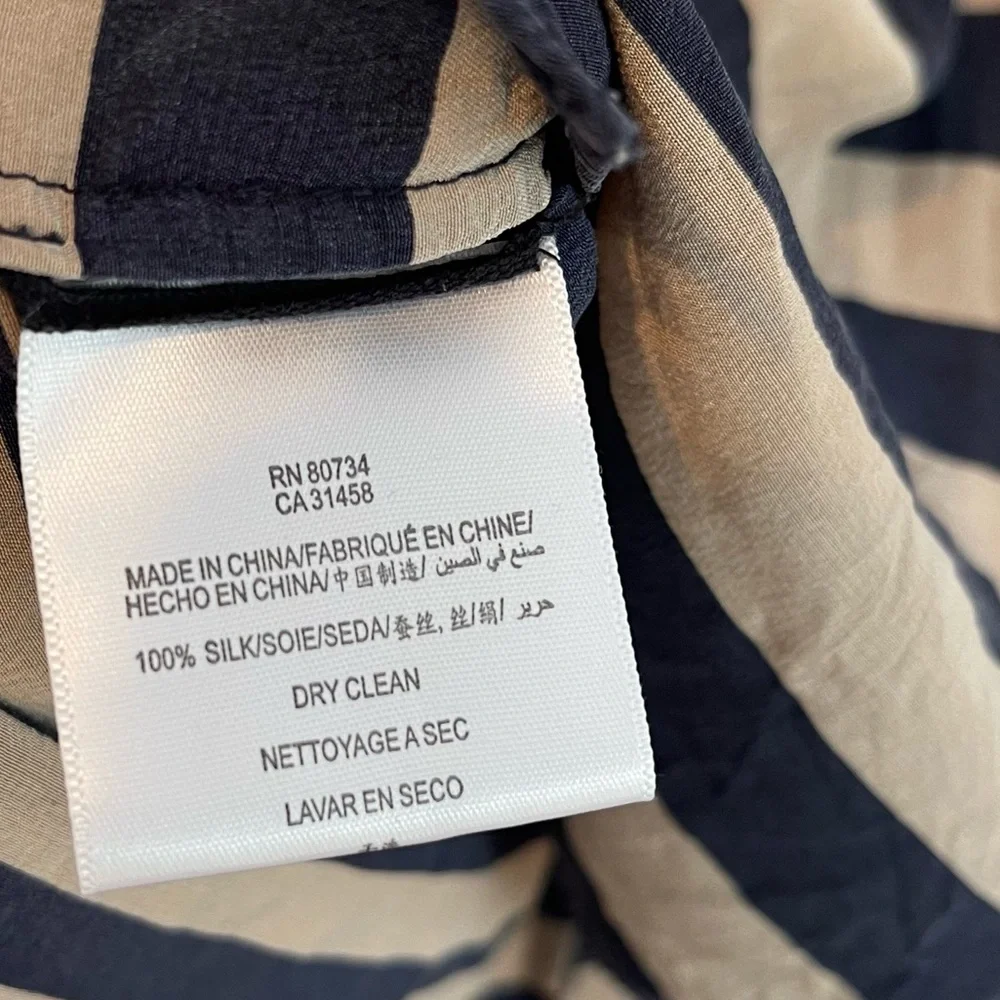 BCBG MAXAZRIA Edita Pure Silk Striped Navy and Tan Twisted Racer Back Tank Top